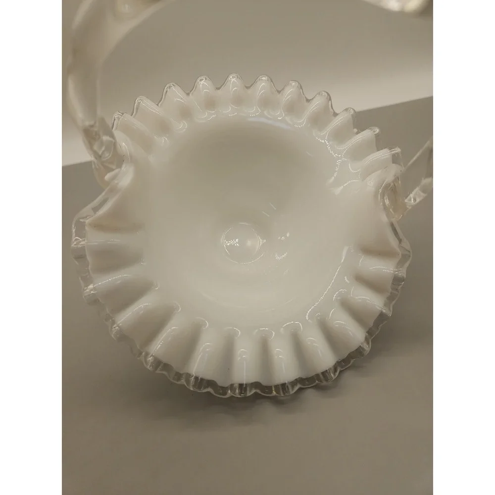 Vintage Fenton Silver Crest White Milk Glass Ruffled Basket With Reed Handle